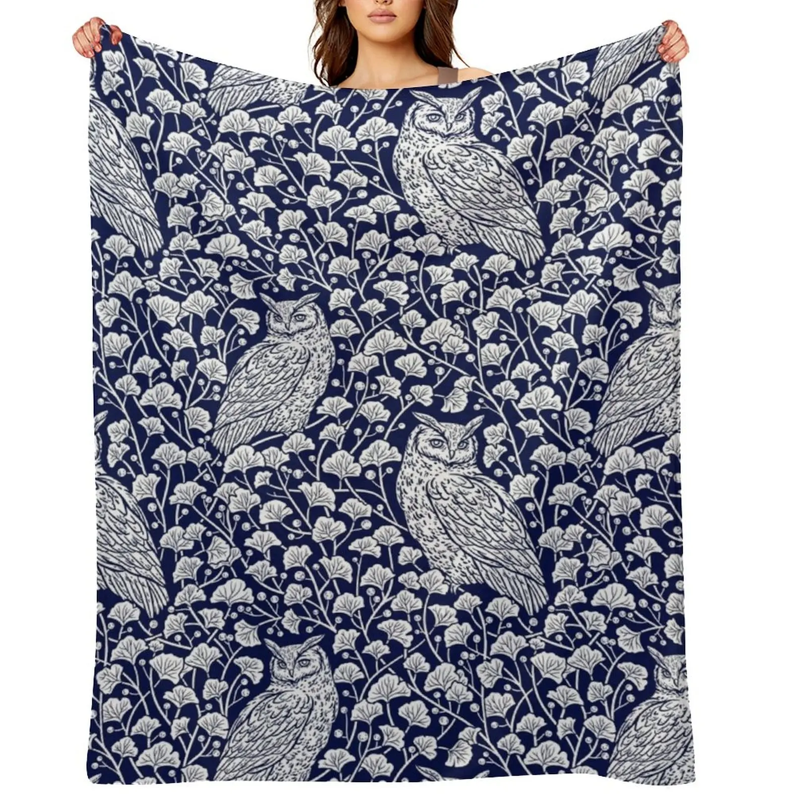 

Winter Blue II - Owls and Gingko Leaves Throw Blanket Large Sofa funny gift Heavy Blankets