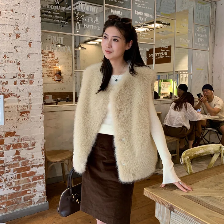 Faux Fur Women Vest Coats Jackets V Neck Sleeveless Coat Thick Warm Y2k Streetwear Jacket Elegant Work Outerwear Autumn Winter 6