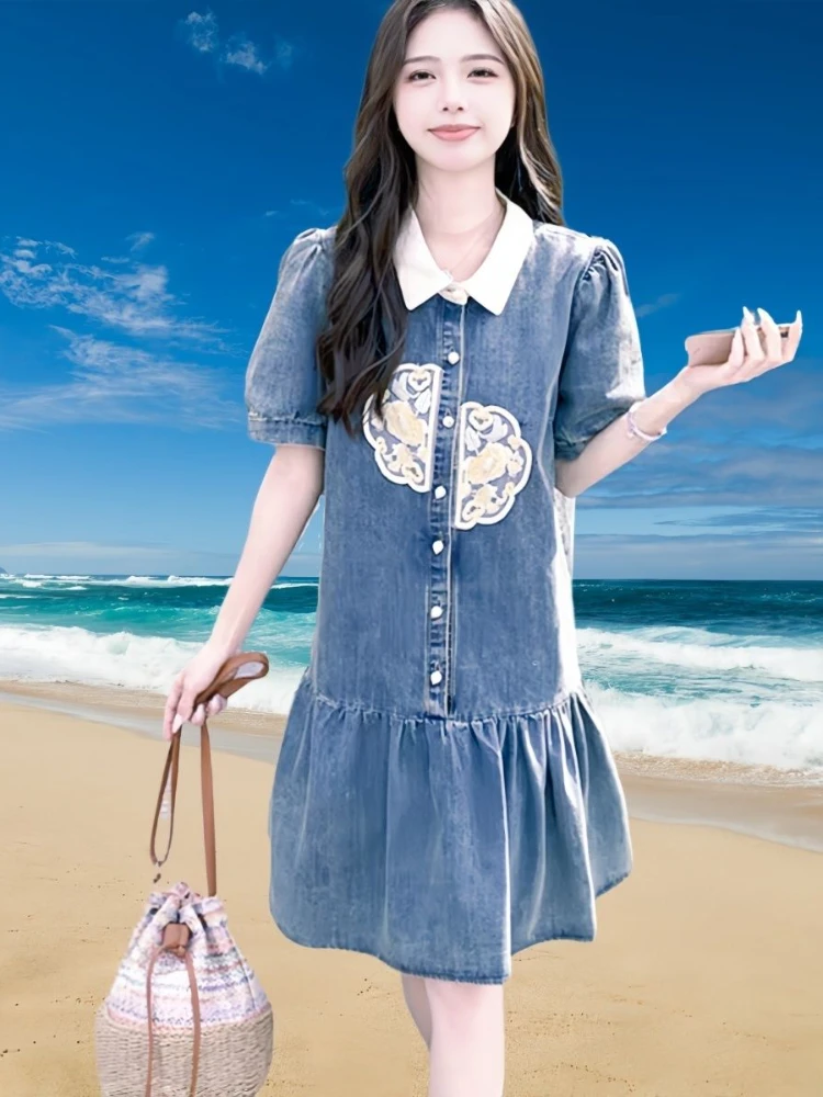 New Women Clothing 2024 Summer Slim Female Vestidos POLO Collar Embroidery Dress Retro Denim Loose Puff Sleeve Mid length Skirt