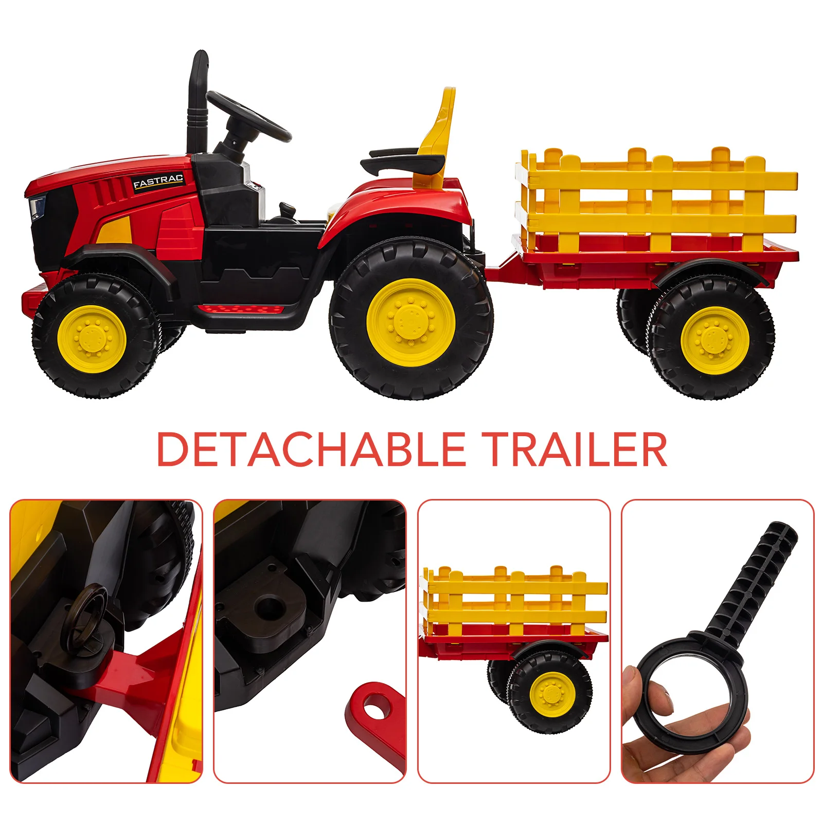 Ride-on Tractor for Kids with Detachable Trailer,12v, Remote Control, LED Headlights, USB Music, 7Ah Battery, Dual 35w Motors