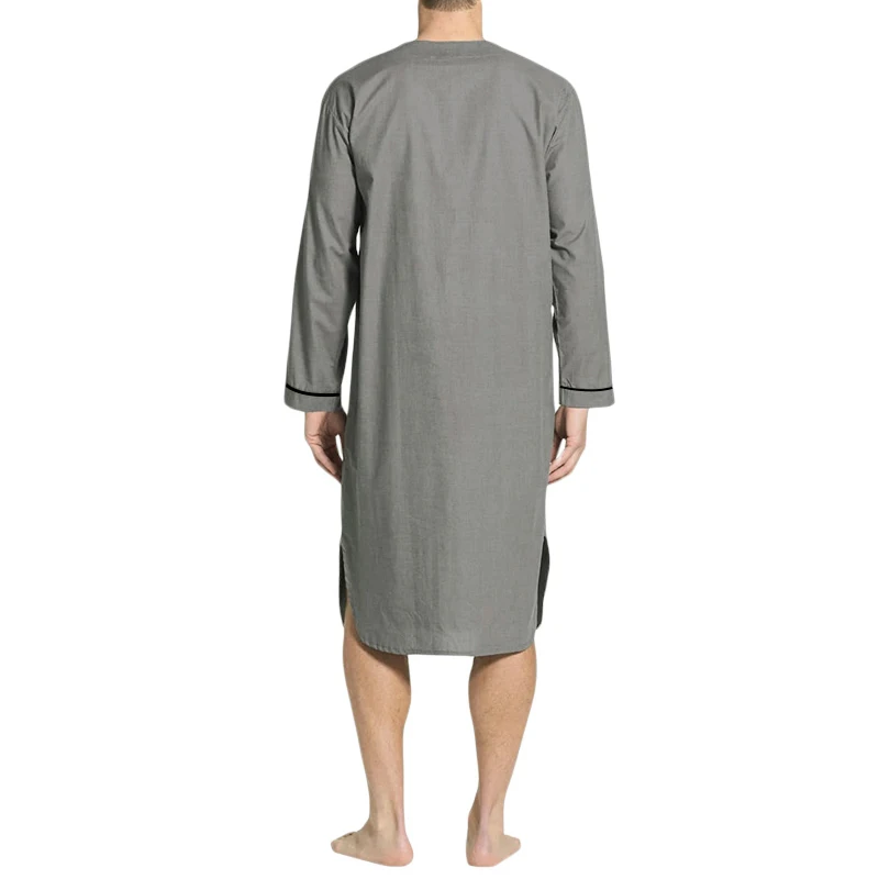 Jubah Linen kerah V pria gaun malam panjang Solid lengan pendek gulung kemeja longgar kasual Kaftan Thobe dengan saku