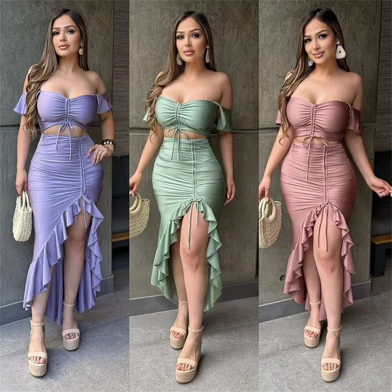2025 Sexy Party Ruffles Women Strapless Drawstring Midi Irregular Long Dress Summer Cut Out Butterfly Sleeve Night Club Dresses