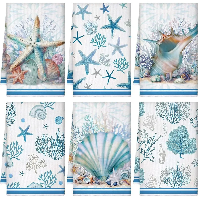 Aliexpress 6Pcs, Blue Starfish Shell Kitchen Towels, 40Cm*60Cm Towel Set, Best Kitchen Towels, Super Absorbent Soft Cleaning Cloth, Cooking and Baking Tea Towels, Hand Towels, Cleaning Cloths, Dishcloths, Kitchen Decoration, Living Room Decorations, Kitchen Essentials, Home Essentials - Aliexpress Deal