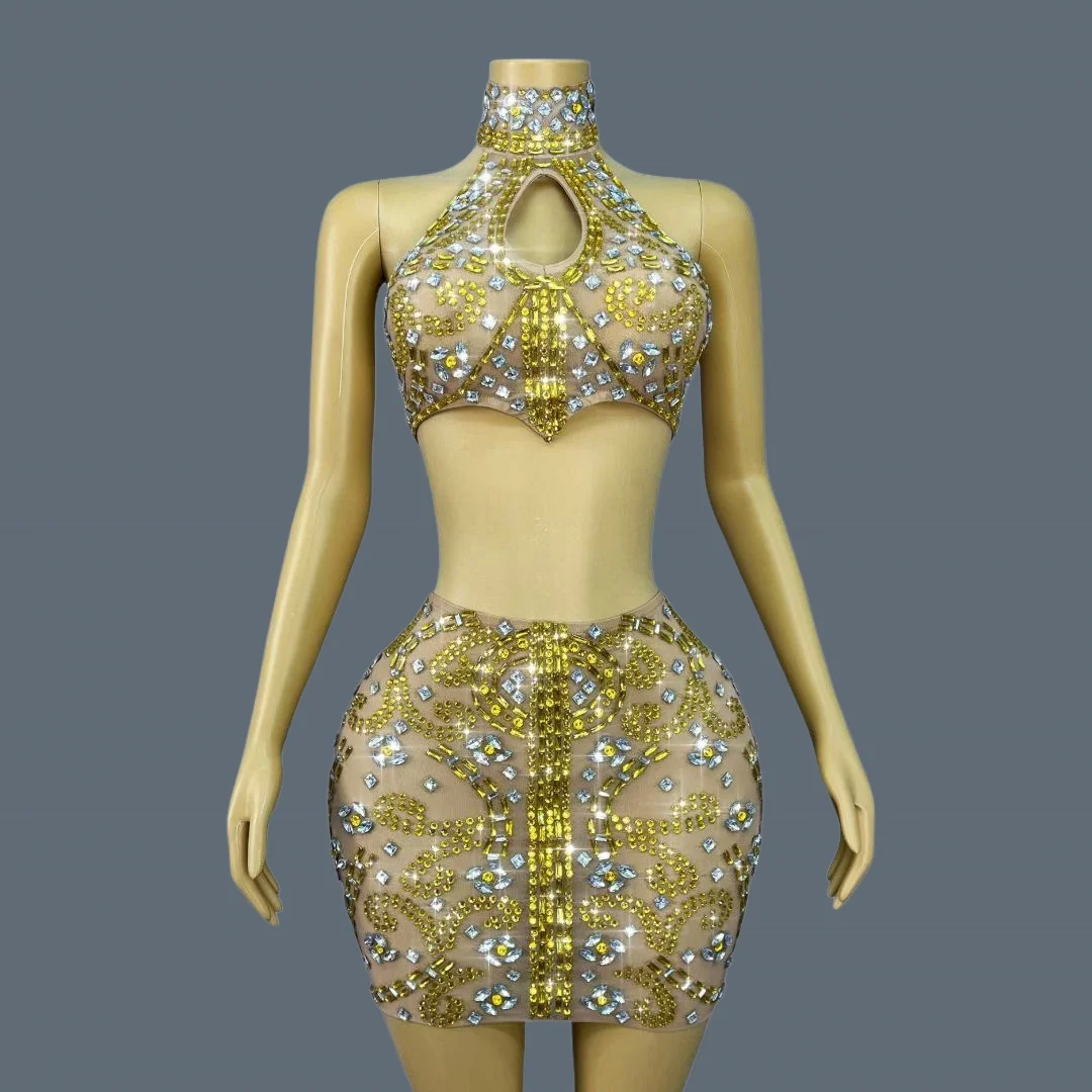 Crop Tops Mini Skirt 2Pieces Set Party Spicy Girl Outfit Sparkly Golden Crystals See Through Mesh Showgirl Wear shuanghuanglian