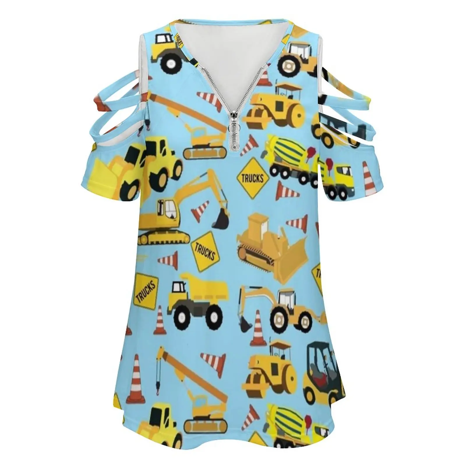 Construction Trucks Vehicles Pattern-Excavator , Dump Truck Women's T-Shirt Summer Fashion Print Floral V-Neck Zipper Tshirt