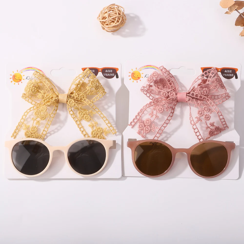 Fashion Lace Embroidery Bow Hairpin Kids Sunshade Protective Glasses Set Accessories Cute Lace Bowknot Hair Clip Baby Headwear