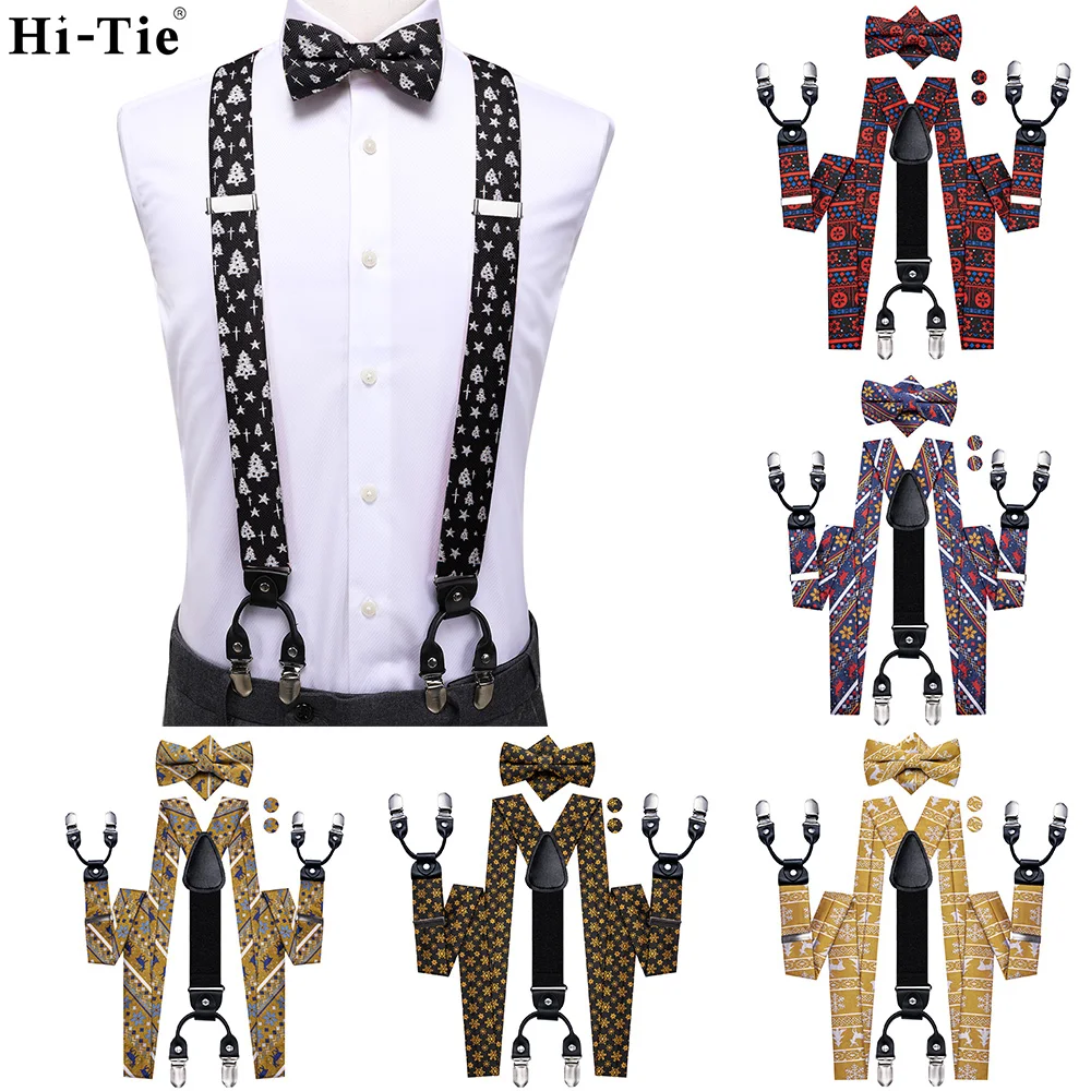 Hi-Tie Black Silk Christmas Mens Braces Jacquard Bowtie Hanky Cufflink Y Back Clip On Adjustable Suspender Bowtie Wedding Luxury