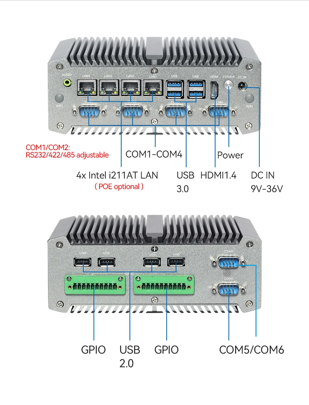 Mini PC Industrial sin ventilador, computadora i7 10510U 4x Ethernet POE 6x COM 16x GPIO 8x USB LVDS WiFi 4G LTE Windows Linux DC9V-36V