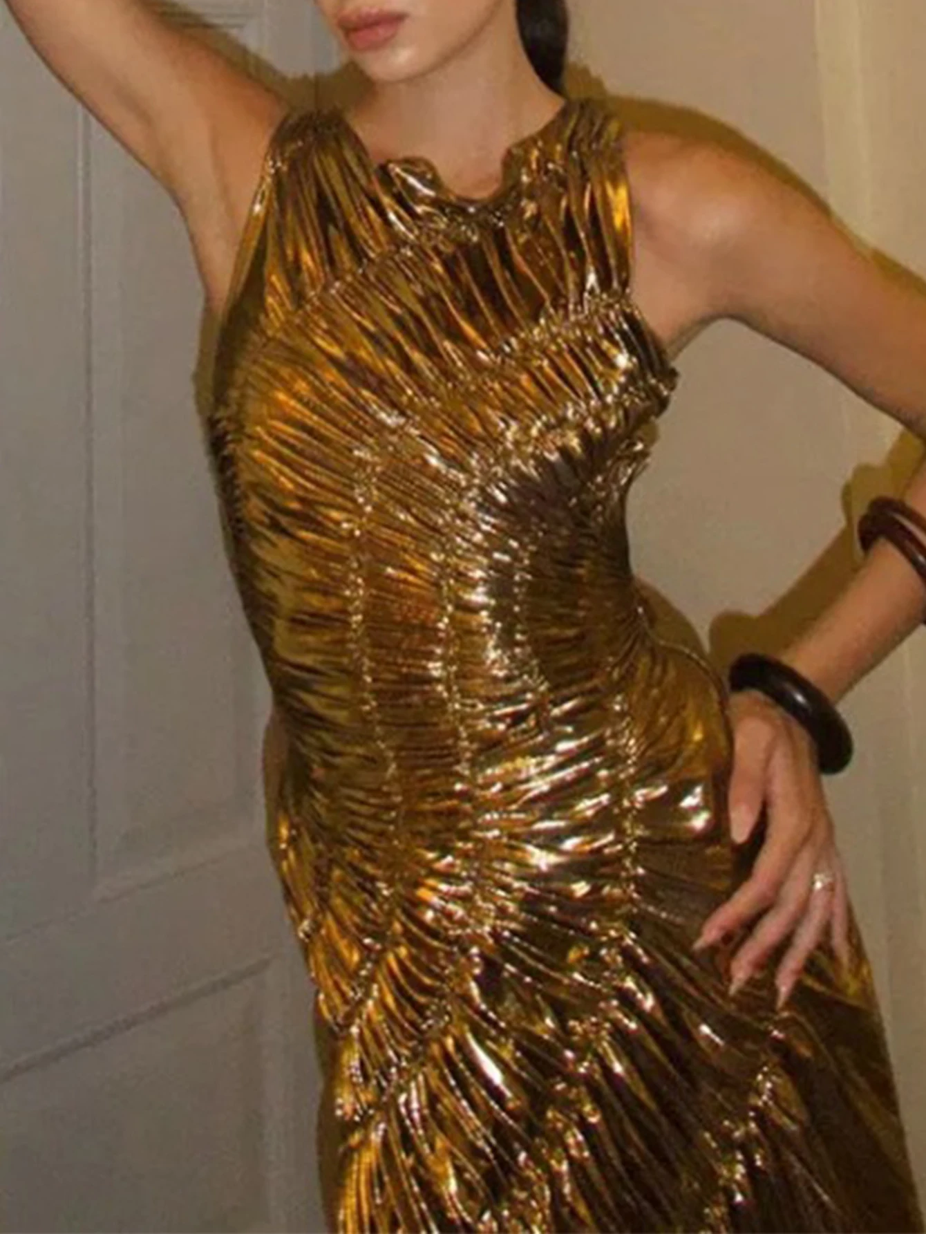 Sexy folds gold maxi summer dress women bodycon club birthday party dress woman clothing prom evening long dresses