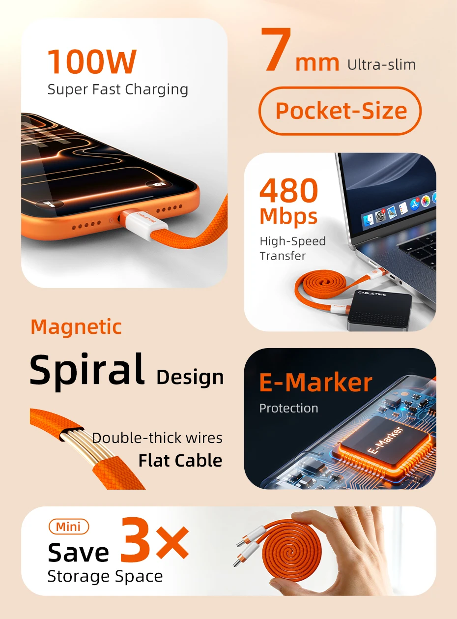 CABLETIME USB-C Kabel Magnetisches Typ-C Kabel PD100W 480Mbps Flachkabel Hochgeschwindigkeitsübertragung für HUAWEI Xiaomi iPhone 17/16 C-Kabel – Detail 2