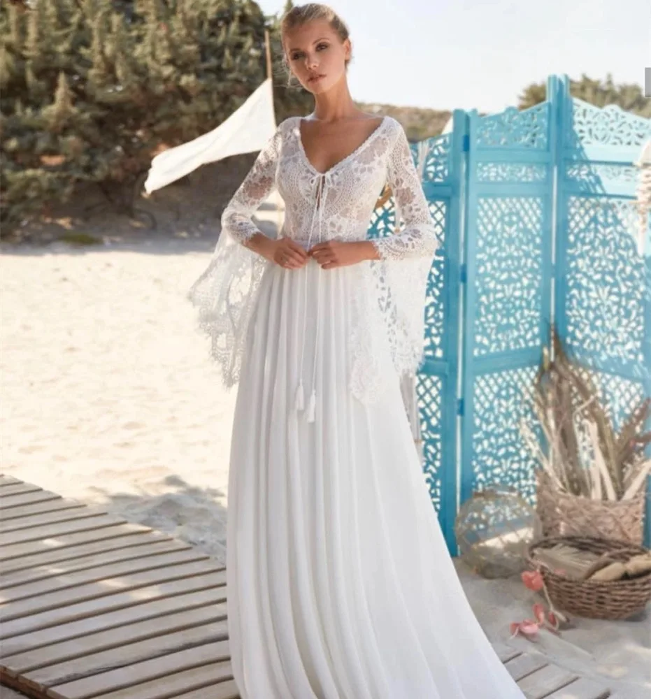 Boho 2025 Abito da sposa vintage in pizzo chiffon a trapezio affascinante civile per le donne Mezza manica rustica Backelss Sweep Train personalizzato