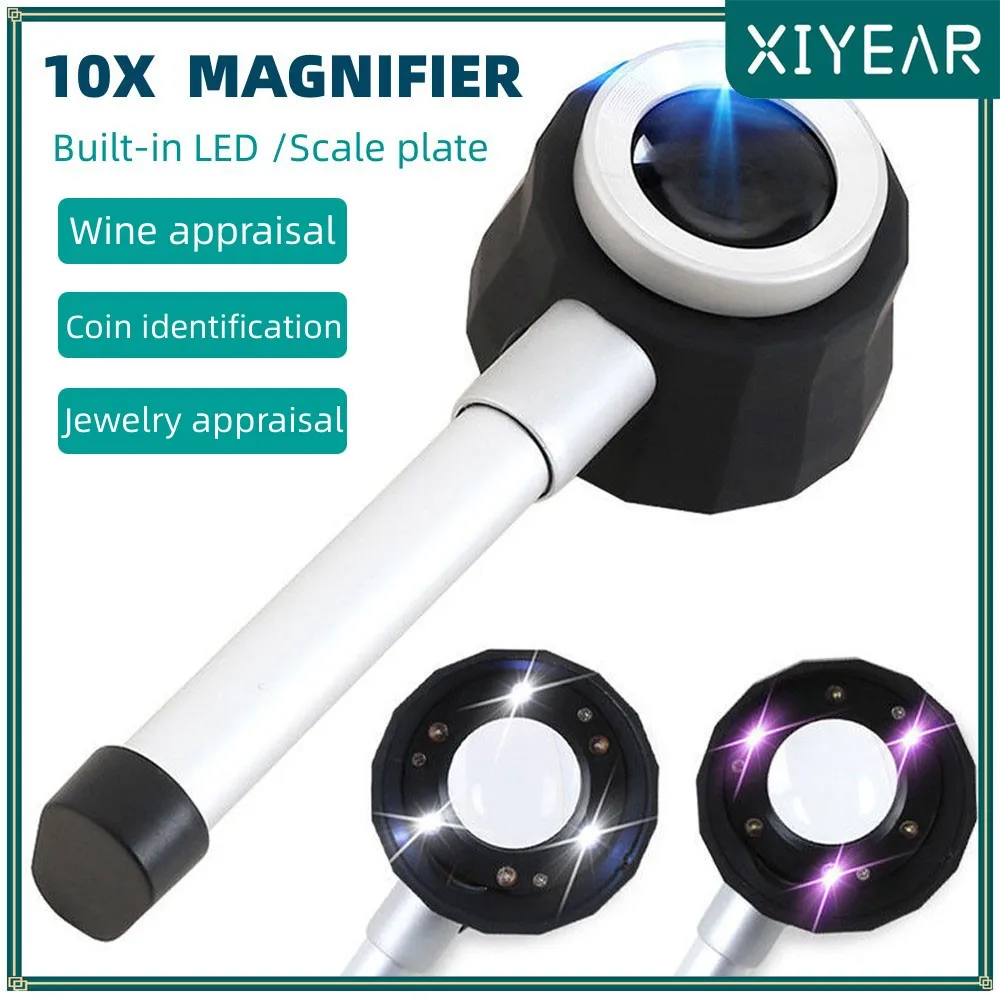 Handheld 10X Magnifier Loupe LED Optical Glass Magnifying Glass With Light Scale Magnifying  Jewelry Loupes With Measure Scale