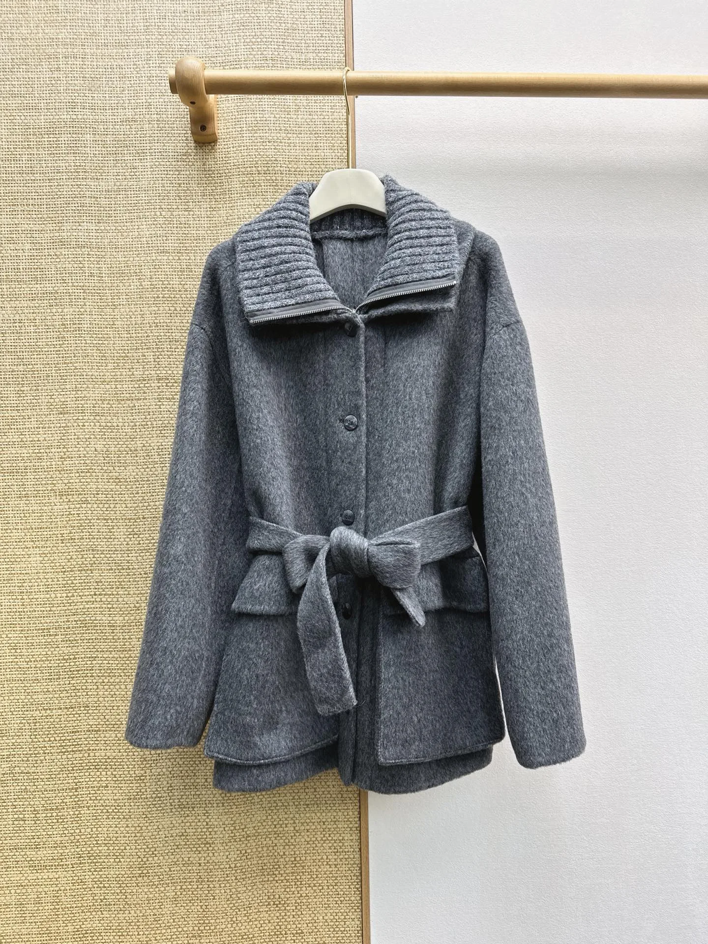 Women Autumn Winter New Heather Grey Double-sided Wool Coat, Knit Collar Spliced Outerwear
