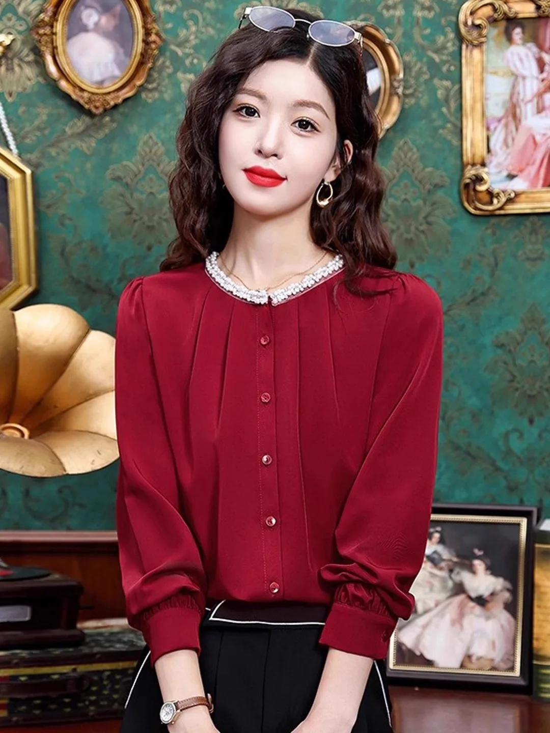 

Red Loose Beaded Pleated irt Women's Faionable Top French Sle Long Sve round Ne Button down Casual Wear