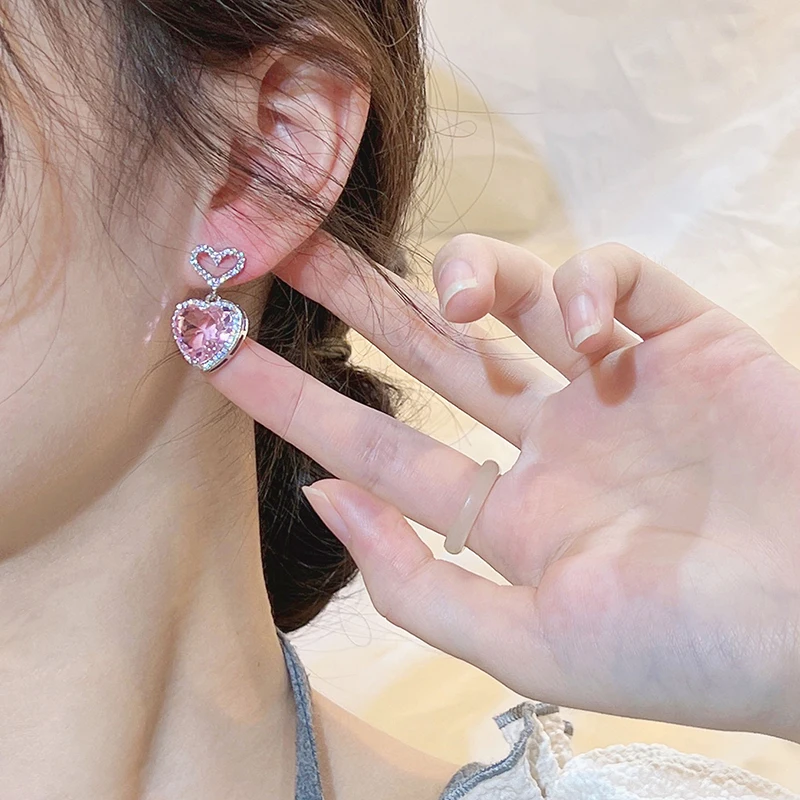 Huitan Luxury Pink Cubic Zirconia Heart Earrings for Women Silver Color Sparkling Engagement Wedding Accessories Trendy Jewelry