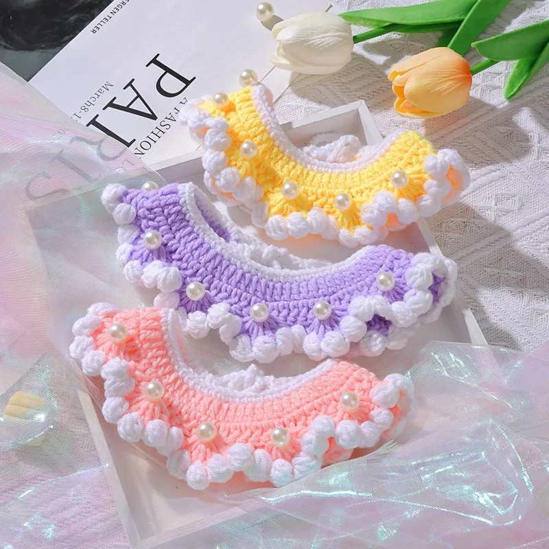 Hand Woven Crochet Scarf Necklace for Cats Designer Candy Color Solid Pet Dog Neck Accessories Warm Winter Chihuahua Collar Bibs