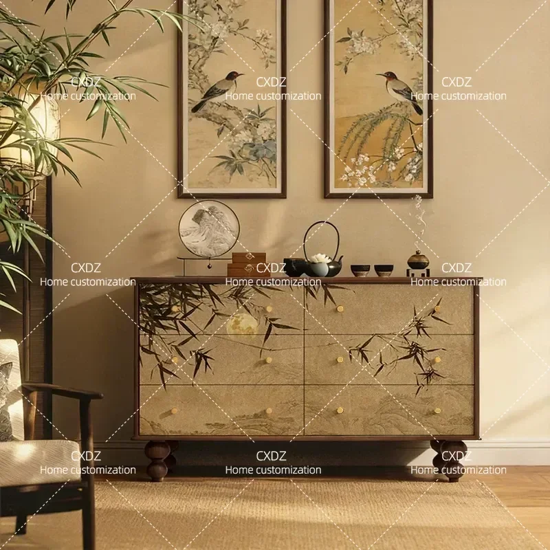New Chinese Style Solid Wood Six Bucket Cabinet Wall Mounted Storage Decorative Shelf for Living Room Entrance Landscape