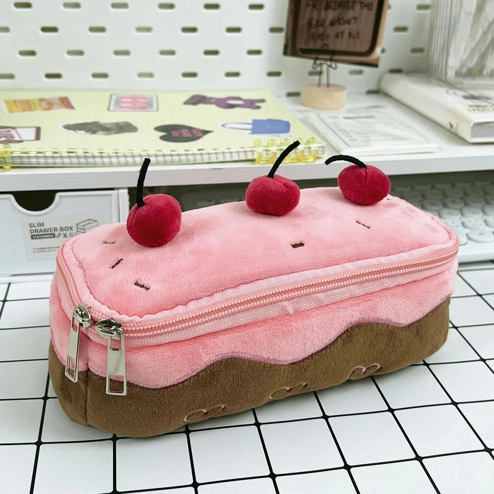 Cute Pencil Bag Plush Cherry Cake Pencil Case Large Capacity Student Stationery Storage for Girls Kids Back to School Gift
