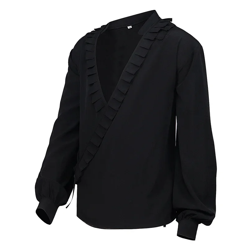 2026 New Adult Men Medieval Renaissance Victorian Era Steampunk Ruffled Solid Top Halloween Vampire Cosplay Costume