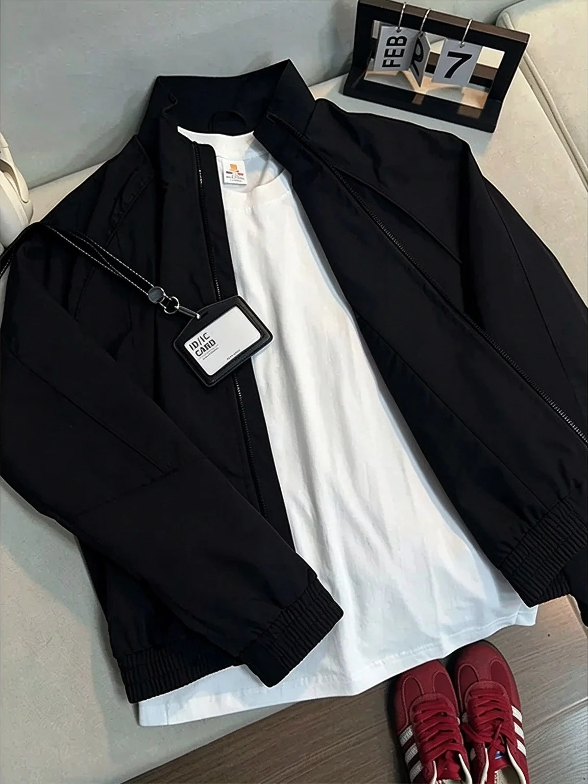 Black American Pilot Jacket Men's Autumn Three-Proof Stand Collar Fleece Lined Baseball Style Outerwear Loose Fit Youth Trend