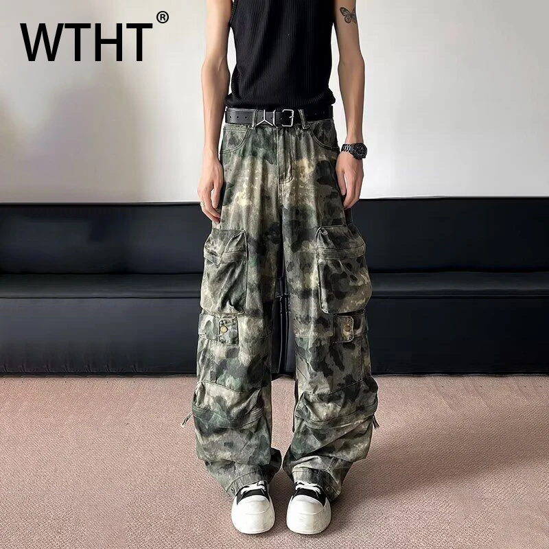 

WTHT Fashion New Summer Men's Camouflage Spliced Pockets Cargo Denim Pants Vintage Loose High-waisted Straight Jeans Male 2A0224