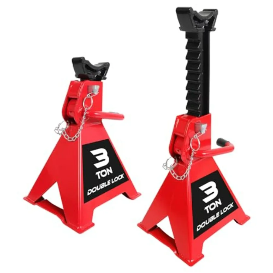 

3 Ton Steel Heavy Duty Jack Stands with Double Locking Pins - Red 1 Pair 2 Pack