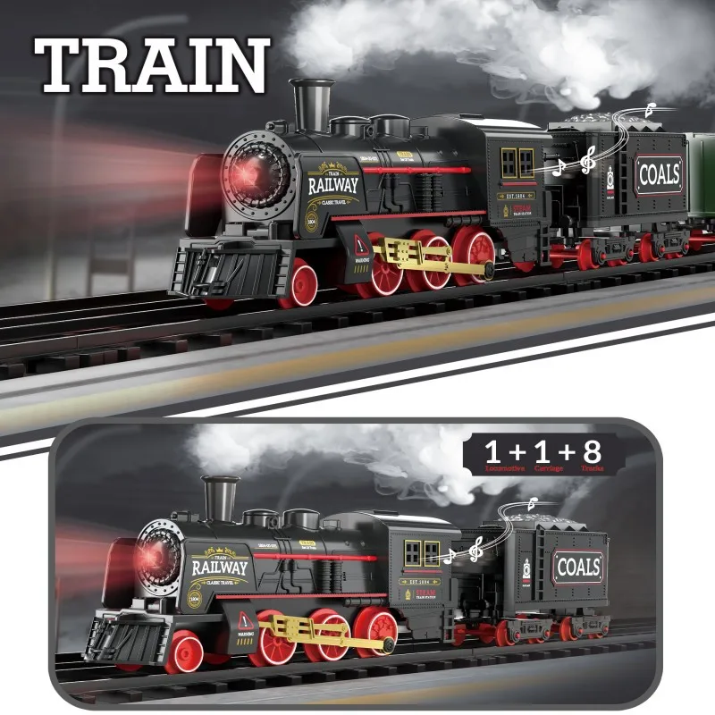 Locomotiva ferroviaria classica Accessori per treni a vapore retrò Parcheggio ferroviario Pista per treni elettrici Giocattoli per bambini per regali per ragazzi