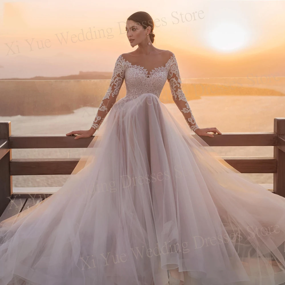 

Elegant Charming A Line Women's Wedding Dresses Beautiful Appliques Lace Bride Gowns Long Sleeve Princess فساتين حفلات الزفاف