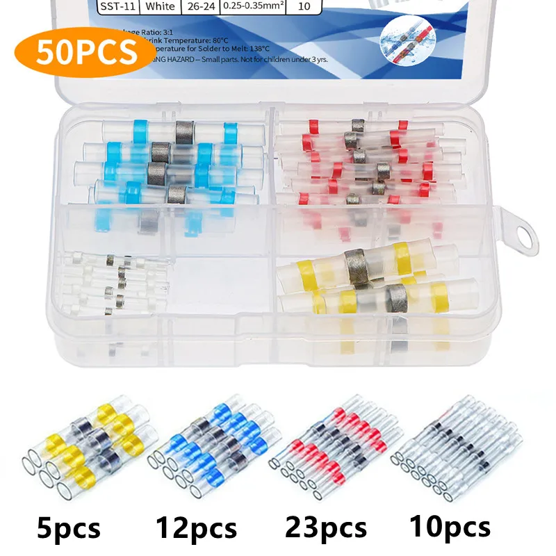 50-1000 stücke Schrumpf Solder Dichtung Draht Anschlüsse Kit Wasserdichte Butt Elektrische Terminals Isolierte Splice Marine Automotive