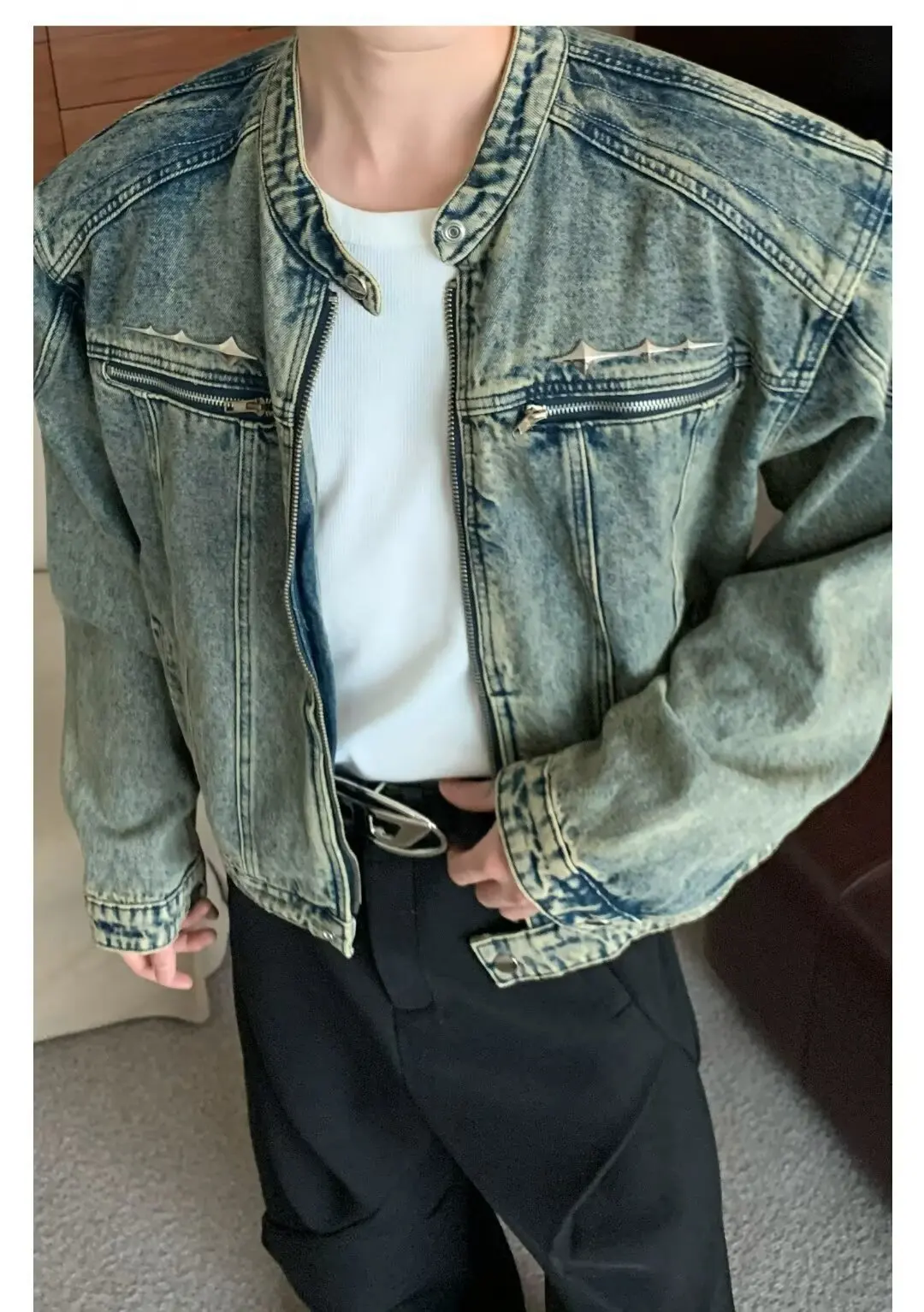 Vintage Men's Zipper Design Denim Stand Collar Short Jacket Male Autumn Winter Retro Motorcycle Jeans Jackets Coats