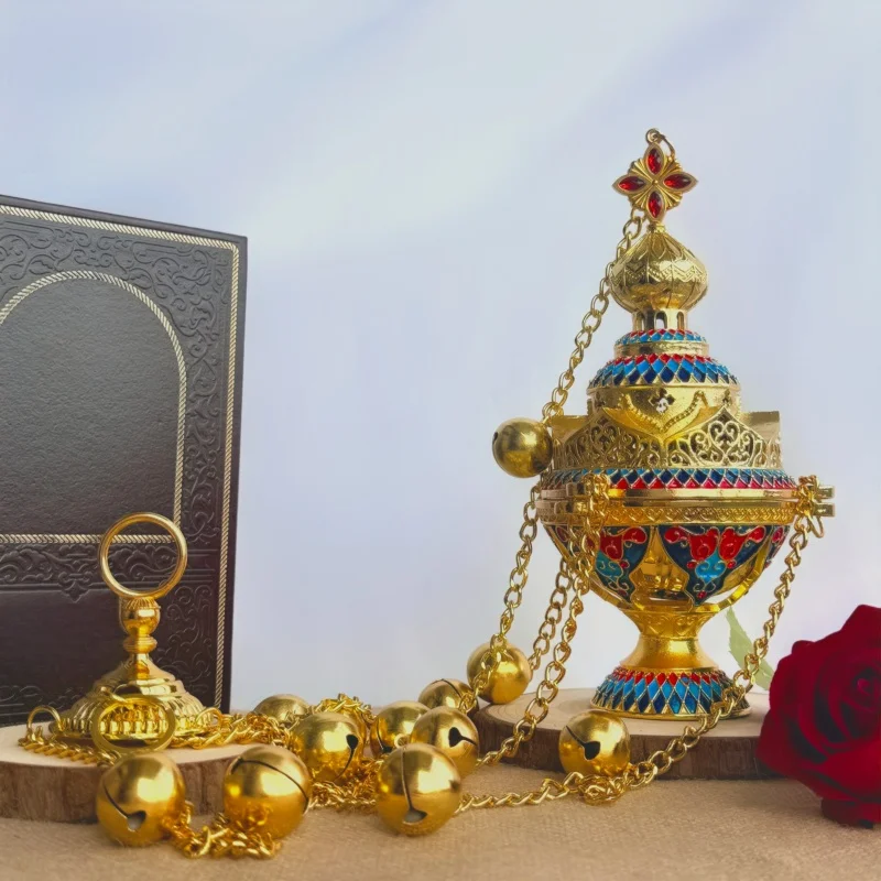 New 2026 Ornate Gold Tone Enamel Censer Incense Burner with Chain for Orthodox Church Altar Prayer and Religious Ritual Use G