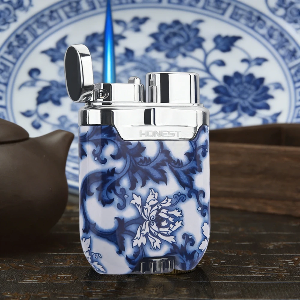 

HONEST Blue Flame Torch Lighter Full Metal Turbine Windproof Butane Lighters High-end Gift Men's Smoking Tools No Gas