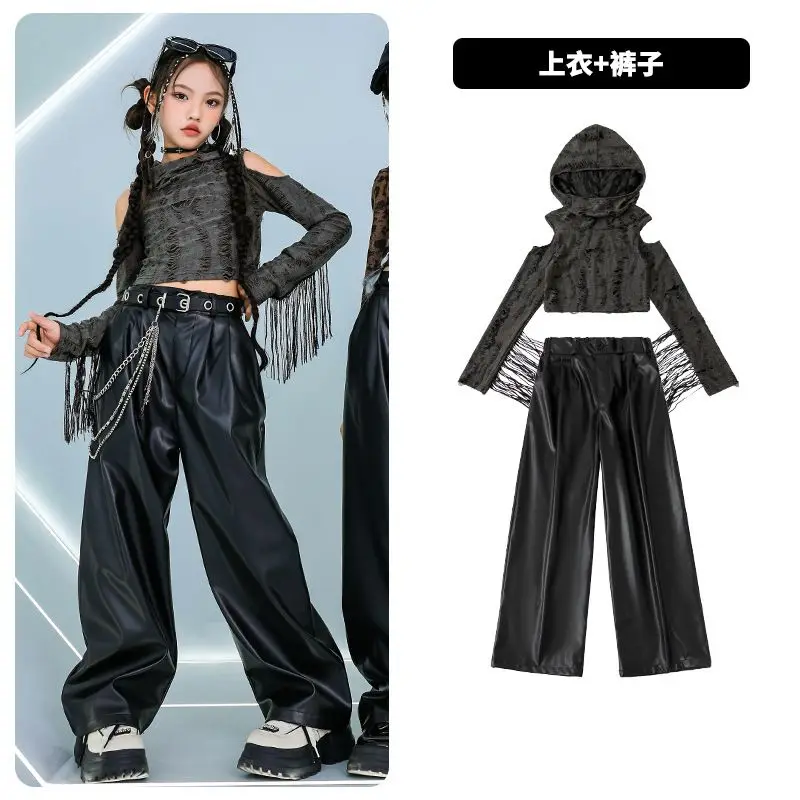 Meninas hip hop recortado rasgado fora do ombro leopardo hoodies calça de couro do plutônio crianças conjuntos de roupas de dança de rua crianças trajes k-pop