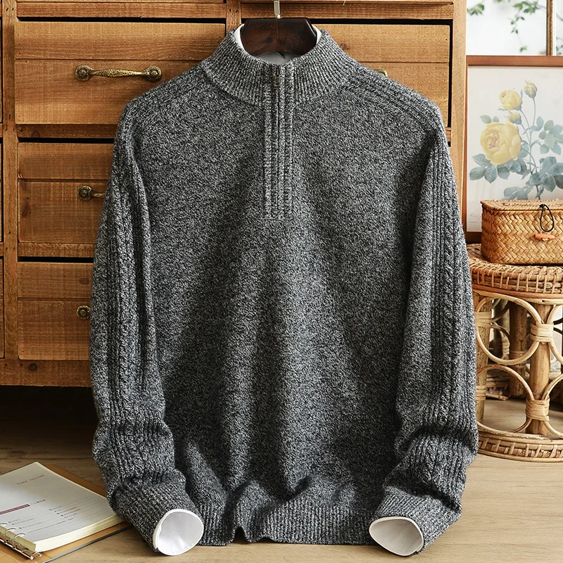 Pure cashmere sweater men's half turtleneck zipper sweater winter double-strand thickened warm bottoming sweater middle-aged