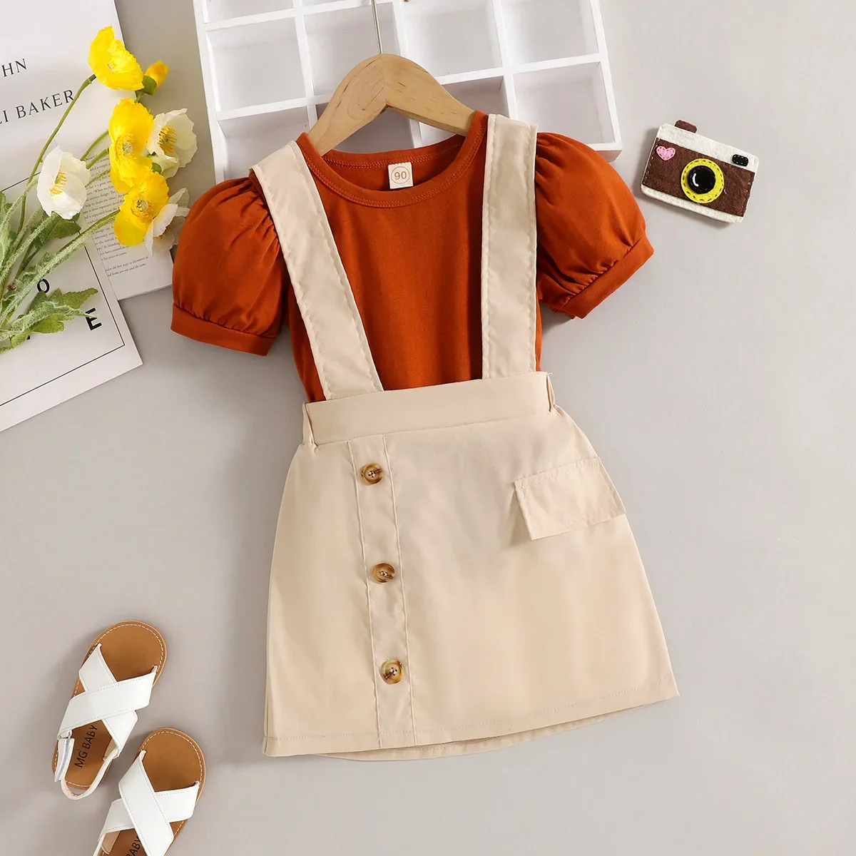

6 Months - 6 Years Old Toddler Kids Baby Girl Clothes Cute Cotton Dress Summer Bud Sleeve Belt Skirt Newborn Lnfant 2Pcs Outfit