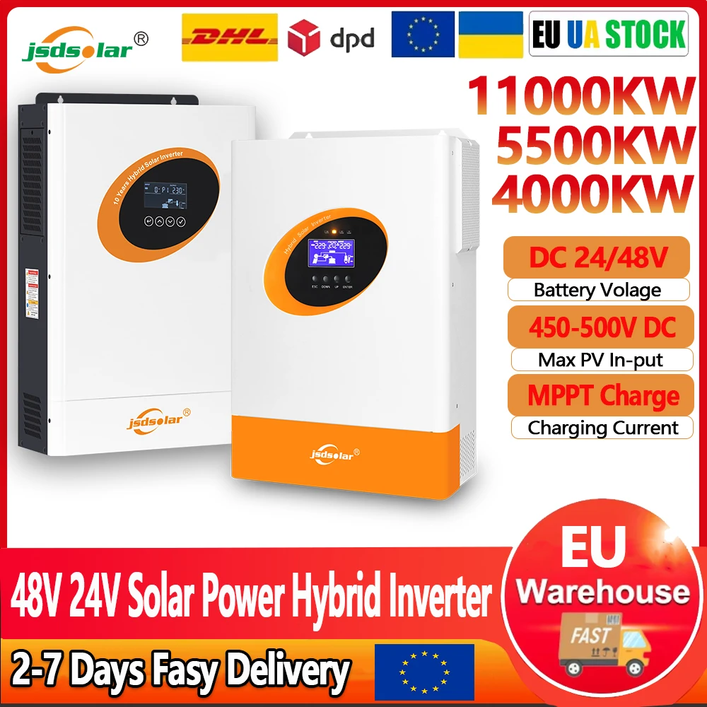 Jsdsolar 4KW 5.5KW11KW Hybrid Solar Power Inverter MPPT Solar Charge DC 24V 48V to 230V AC Pure Sine Off-Grid Support LiFePo4