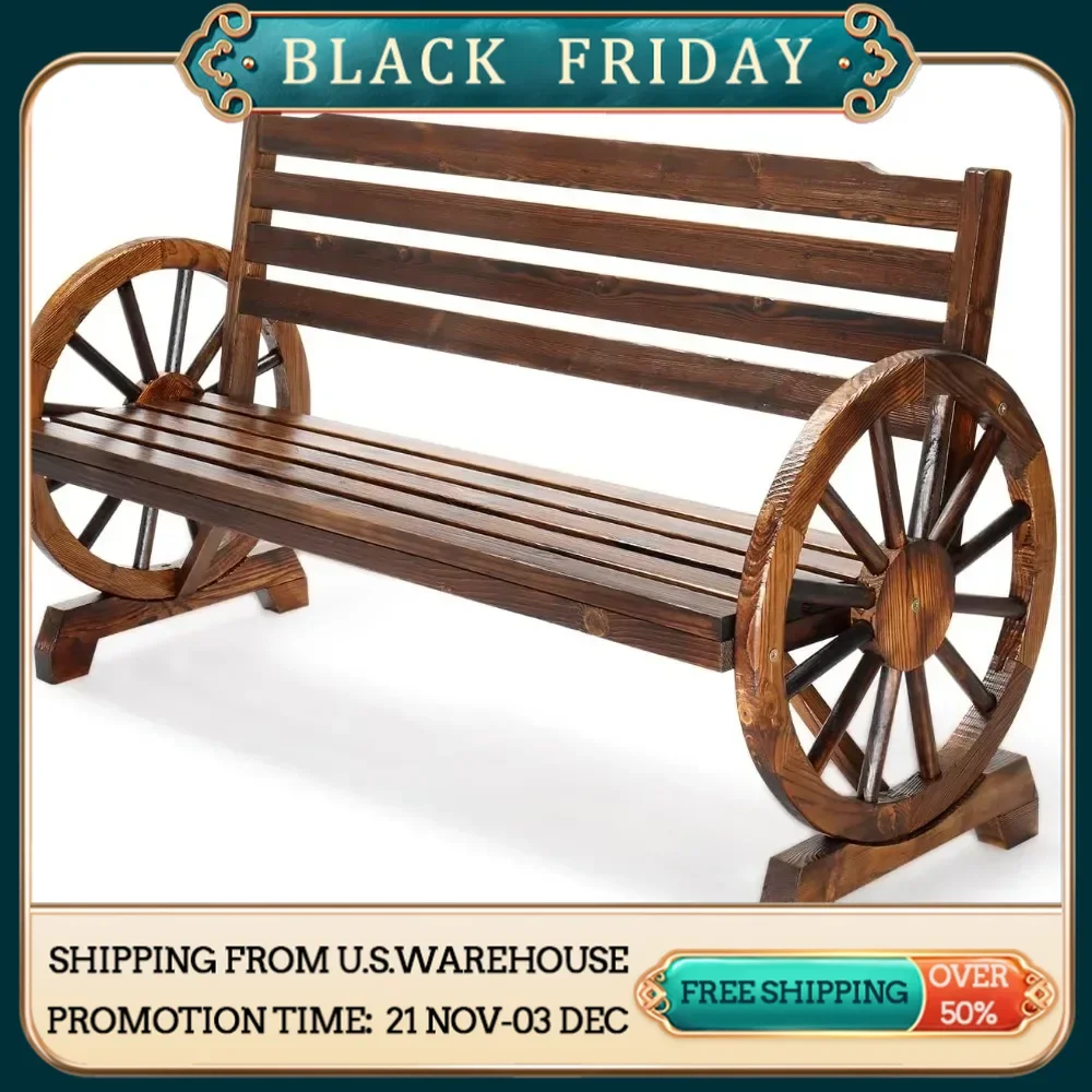 Outdoor Rustic Wooden Bench with Wagon Wheel Arms, 3 People Outdoor Bench Garden Bench Front Porch Furniture Patio Yard Park