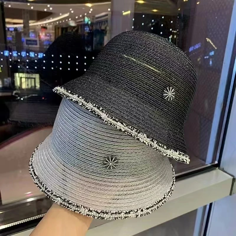 Sombrero de pescador con sombrilla para mujer, protector solar, sombreros de cubo, gorra de paja con incrustaciones de diamantes