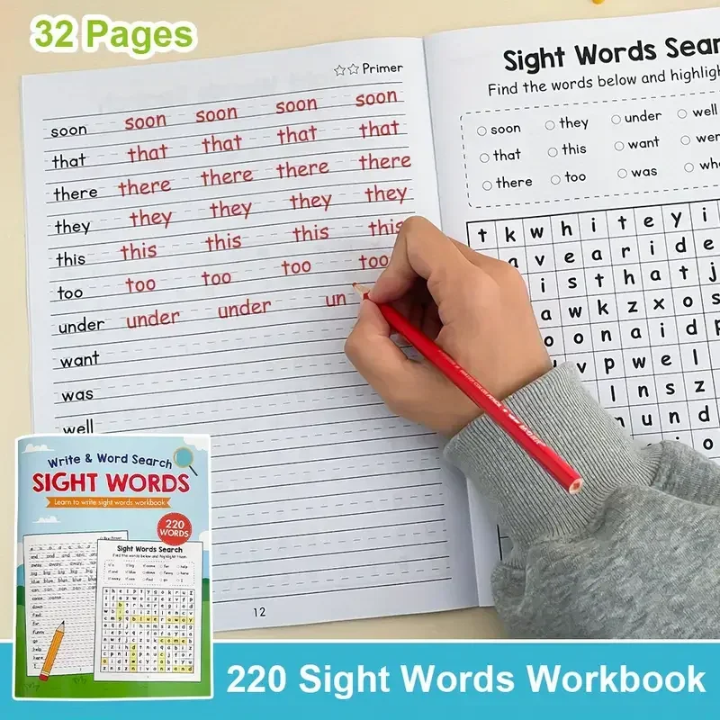 220 Sight Words Workbook English Teaching Tool With Fun Word Search Learn to Write & Handwriting Practice For Kid