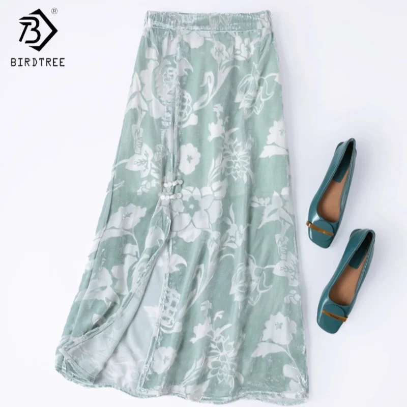 

Birdtree,100% Mulberry Silk Velvet Skirt,Women Elastic Waist Skirts,Side Slit,Flower Pattern,2025 Autumn Straight Skirt D5N708JF