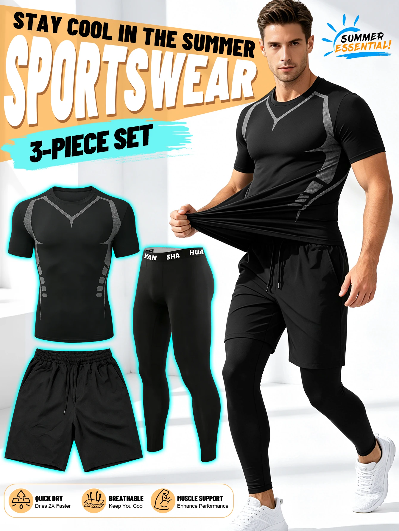 Men's Three-Piece Fitness Outfit Set: High-Elasticity, Quick-Drying Compression Training Top, Adjustable Shorts With Pockets, And High-Elasticity Compression Leggings; Suitable For Gym Workouts, Jogging, Cycling, And Other Sports Activities.