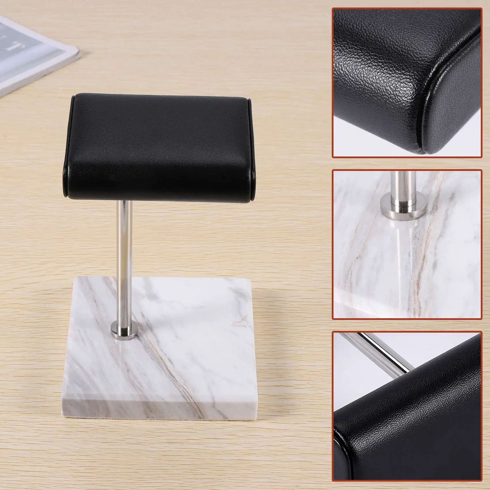ABQR White Marble Watch Bracelet Display Stand Black PU Leather Jewelry Stand Watch Stand Silver Color Rod Placement Stand
