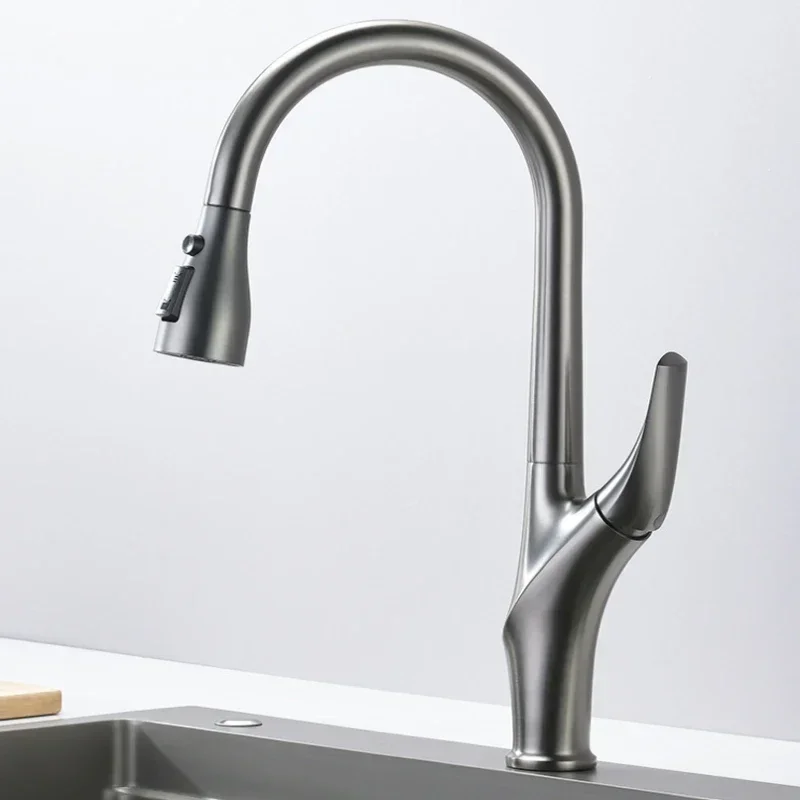 Brushed Grey Kitchen Faucet Pull-out Design Rotation Sink Hot And Cold Single Handle 3 Control Water Mixer Tap