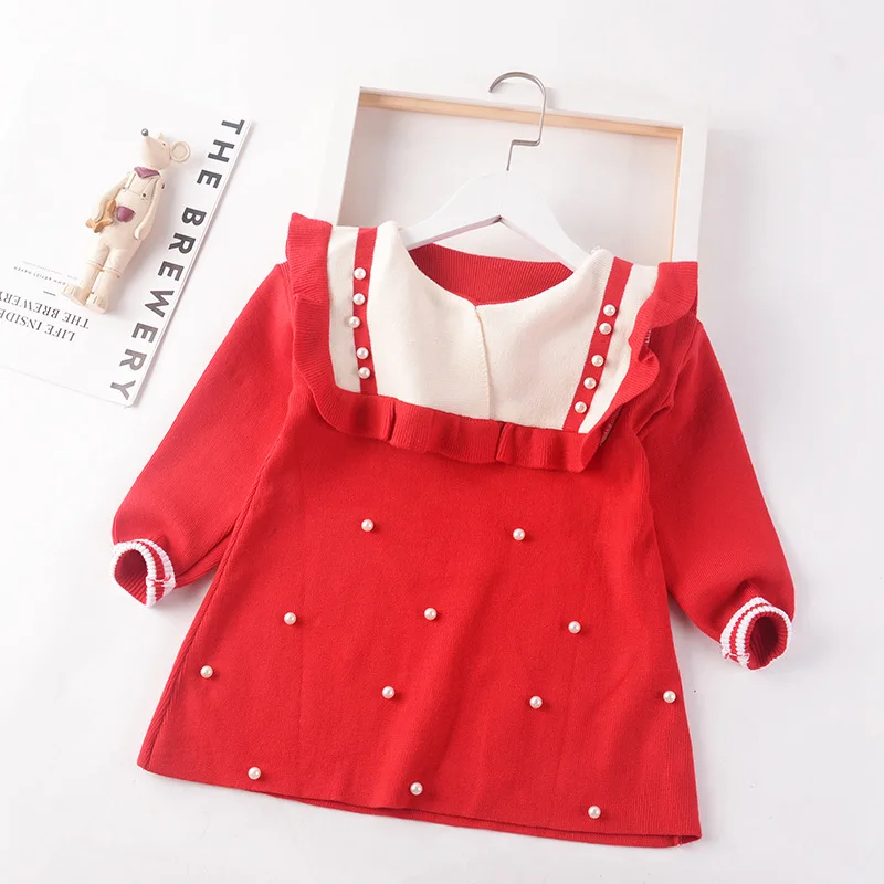 2023 New Autumn Winter Navy Lapel Girls Sweater Dress Kids Baby Sweater Children Nail Bead Pullover Knitted Dressrs Jumper 3-8y