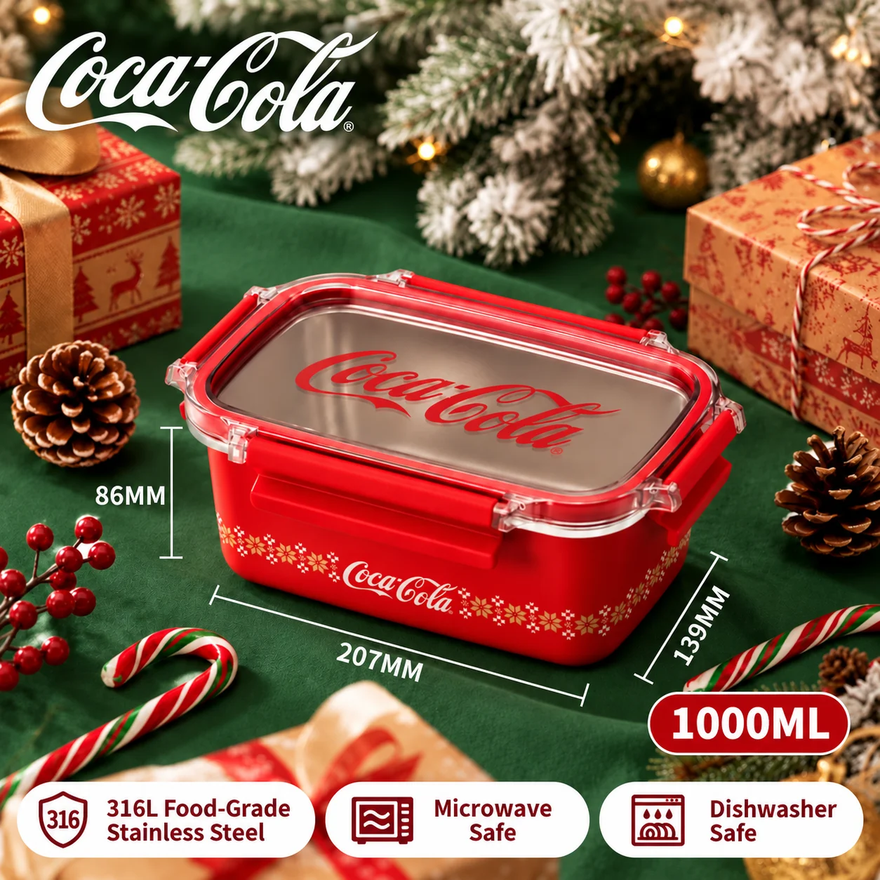 Coca Cola Kerstmis 1000/1600ML Lunchbox 316L RVS Bento Box Lekvrije Voedselcontainer Retro Kerstcadeau voor Studenten