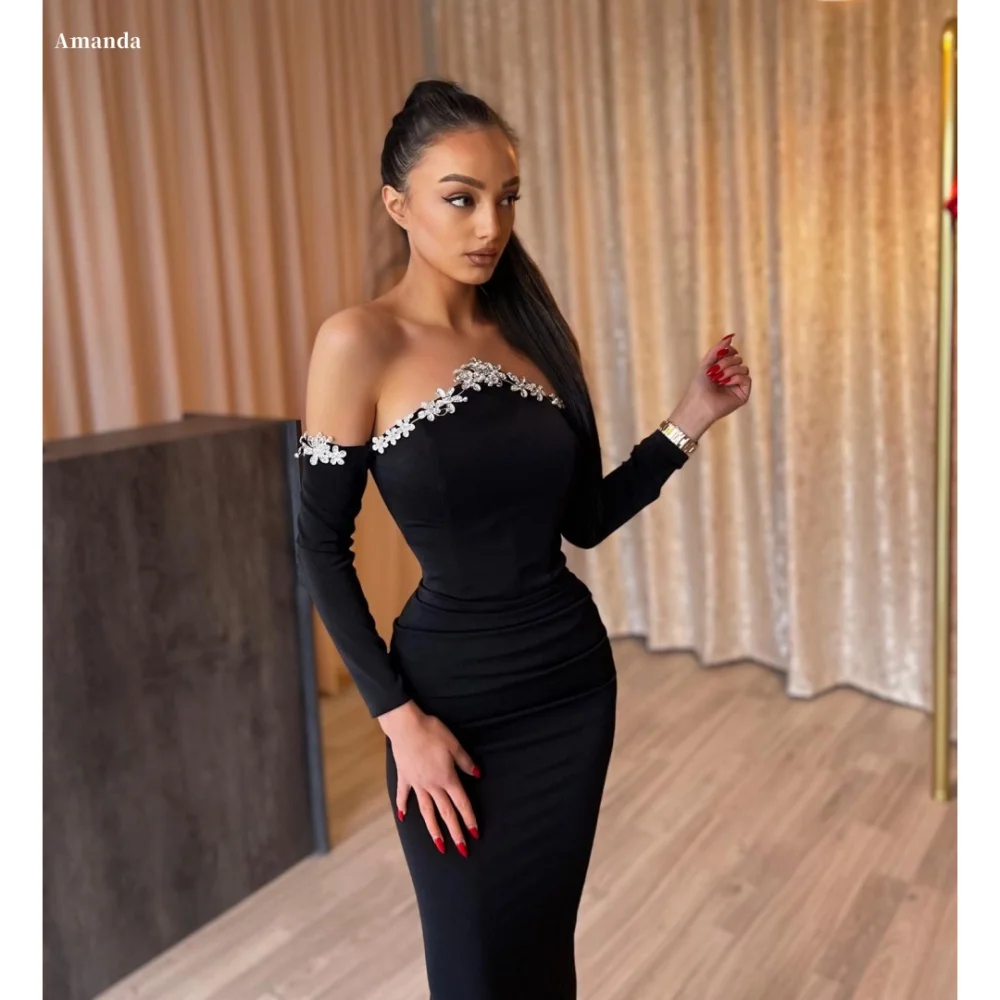 Amanda Customized Black Flowers Decoration robes de soirée Chiffon Party Dresses Long Sleeve Mermaid Floor-Length Prom Dress