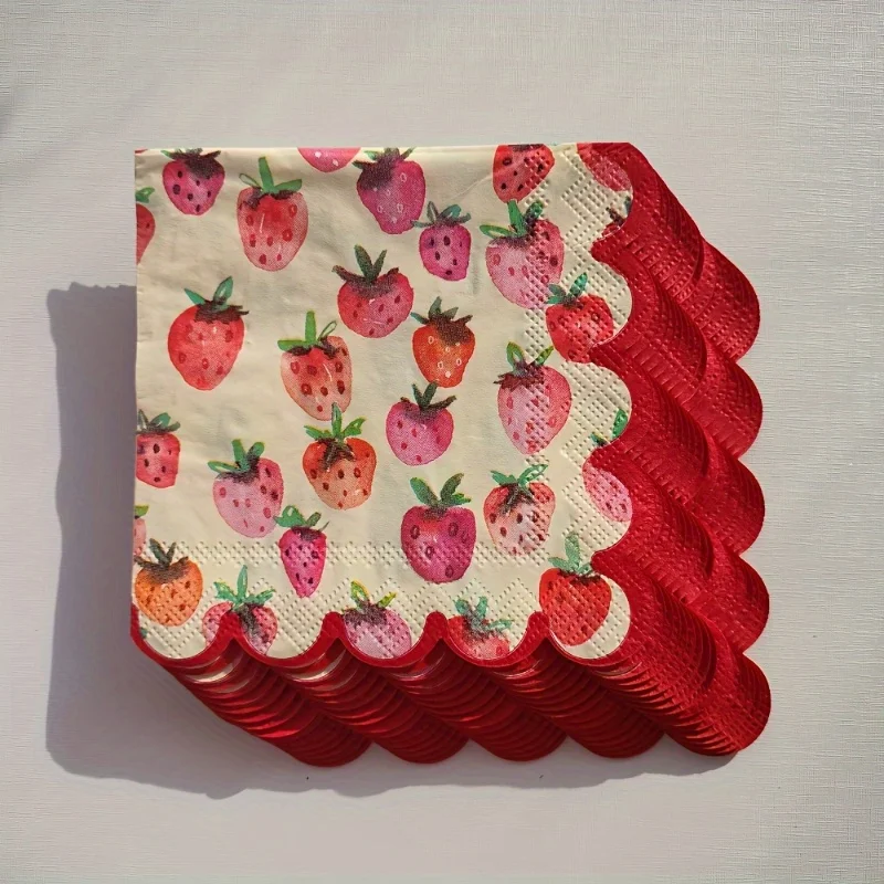 20sheets Strawberry Red Paper Napkins | Decorative Scalloped Edges, 25cm, Perfect for Thanksgiving ,Birthday, Weddings,party