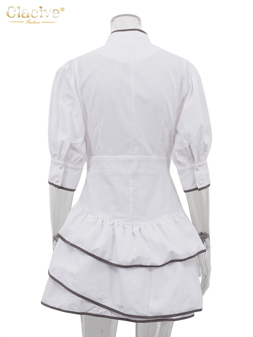 Clacive Fashion Loose White Cotton Women Dress Summer Stand Collar Half Sleeve Mini Dresses Elegant Classic Pleated Female Dress