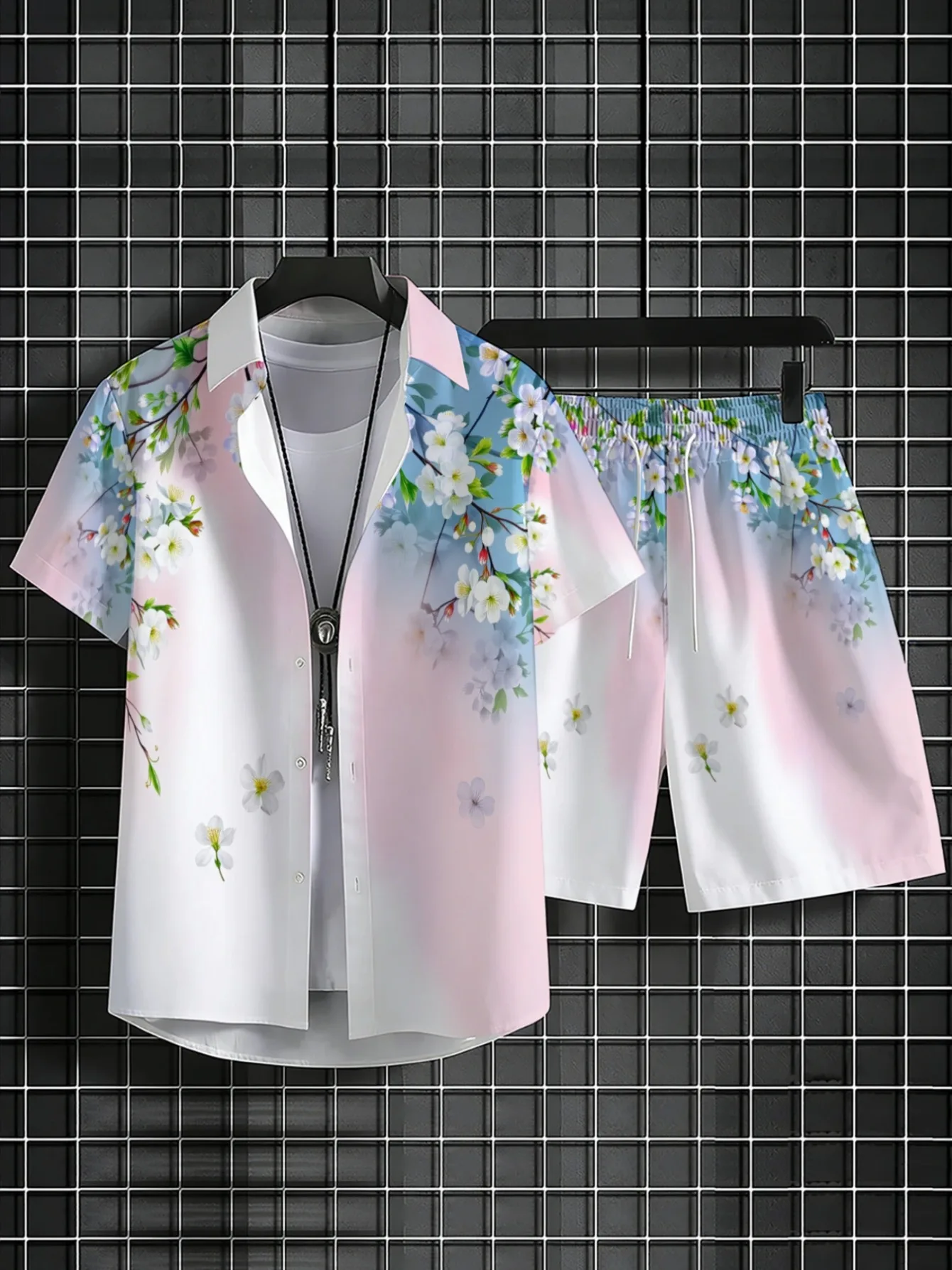 Conjunto de dos piezas con estampado de flor de cerezo para hombre, camisa de manga corta, pantalones cortos con cintura elástica, traje de playa de verano