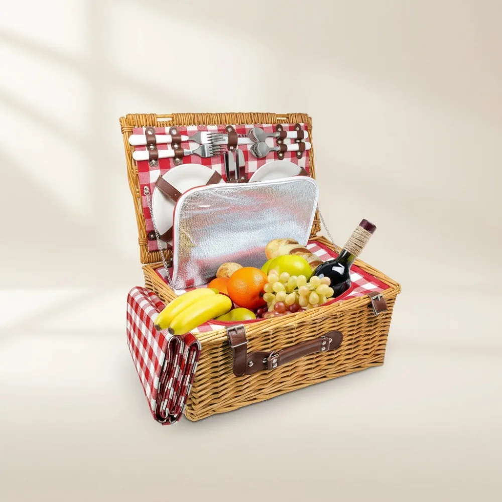 

Premium Woven Picnic Basket Set for 4 with Insulated Compartment, Dinnerware & Blanket - Perfect for Outdoor Family Adventures